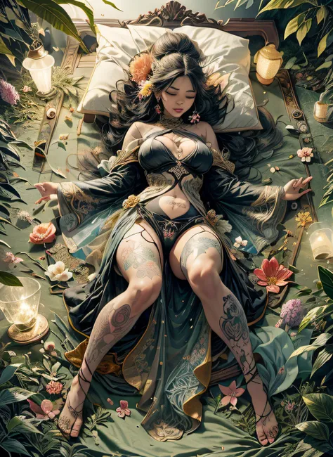 1sexy girl with forest clothes, flowers, leaves, mandalas, fractal,, Sleeping Beauty, by Bella🦋 full body, beautiful girl sleeping, room with mirror, girl sleeping on bed and sheets, old clock and lamp on table, full body, black hair, Transparent clothing,...