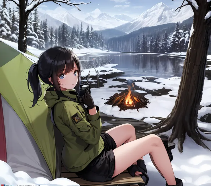 best qualities，nmasterpiece，1girls，25age，hair tied up in a back，outdoor jacket，cargo pants，thick gloves，sit on a camping chair a...