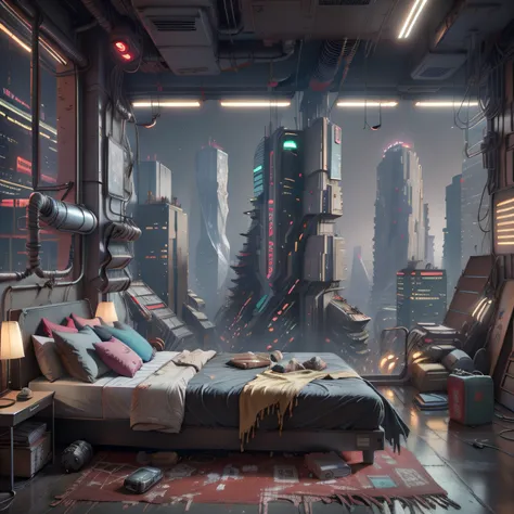 arafed view of a bedroom with a city view at night, cyberpunk bedroom at night, the cyberpunk apartment, cyberpunk apartment, cy...