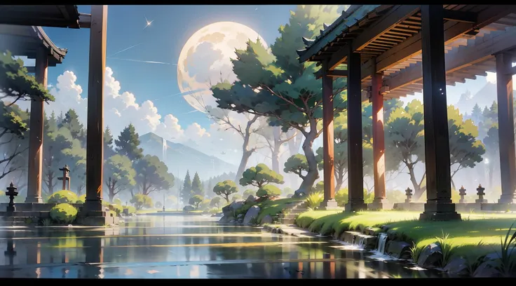 japanese anime scene design，（midnight，fireflys，hotsprings，as estrelas，the moon，hillside，large trees，wisteria flowers），quiet and ...