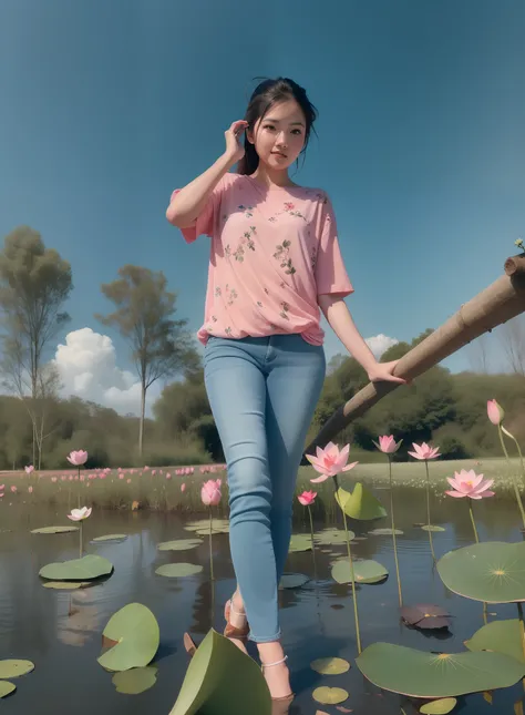 there is a woman walking on a log in a field of flowers, standing on a lotus, standing gracefully upon a lotus, standing in a pond, pink lotus queen, lotus pond, mid shot portrait, sitting on a lotus flower, standing in a flower field, woman standing in fl...
