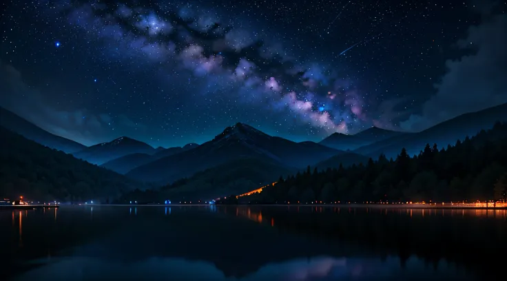 silence, (landscape, watermirror starry sky:1.2), best masterpiece, best quality, hdr, rock, mountain range, darkness, nebula, p...