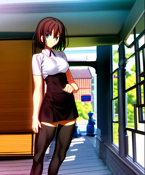 巨作, highly best quality, High_resolution, Fine details, an extremely detailed and beautiful, Distinct_image, 1个女孩, , dark haired,Blue Eye, (gigant breasts), (titts),Curve,Black T-shirt,long hem,(thighhigh),porch,Miniskirt