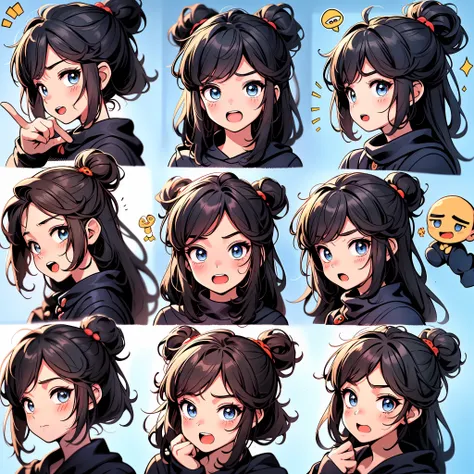 1 cute girl，9 grids，9 emoji packs，9 poses and expressions，disney  style，black strokes，different emotions，8k