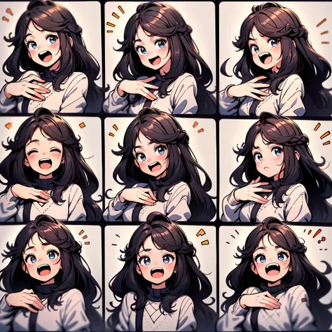 1 cute girl，9 grids，9 emoji packs，9 poses and expressions，disney  style，black strokes，different emotions，8k