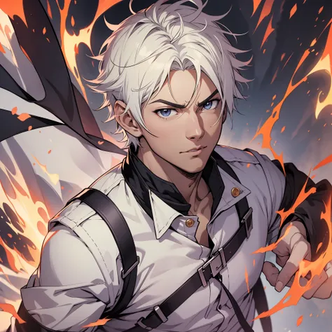 anime character with white hair and a white shirt standing in front of a fire, badass anime 8 k, handsome guy in demon slayer ar...