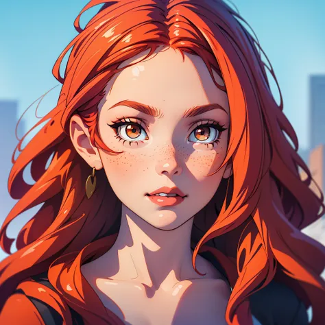 portrait of katyasitak , (best quality, masterpiece), 1girl, looking at viewer, redhead , freckles,  blurry background, upper bo...