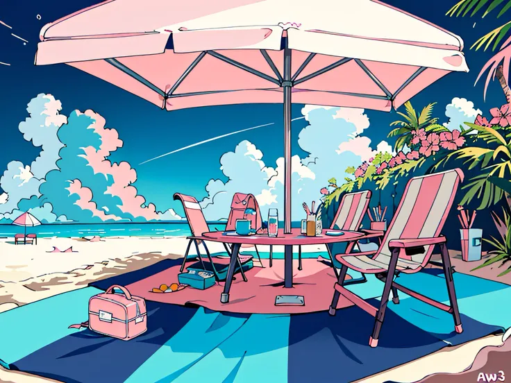 nmasterpiece， of the best quality， scenecy，sandbeach，beachside，coconut palms，3 pink awnings，3 pink beach chairs，pink picnic mat，...