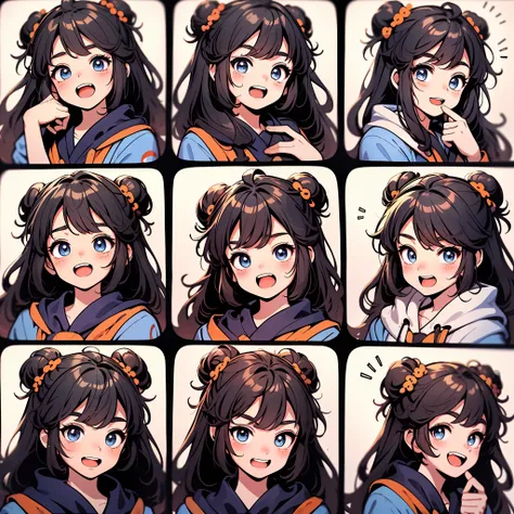 1 cute chinese girl，9 grids，9 emoji packs，9 poses and expressions，hanfu，disney  style，black strokes，different emotions，8k