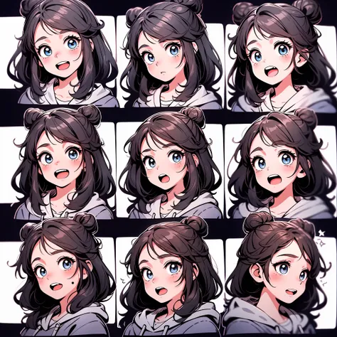 1 cute girl,9 grids,9 poses and expressions,Disney style,Black strokes,Different emotions,8K