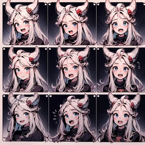 1 cute girl，9 grids，9 poses and expressions，disney  style，demon dragon horn，black strokes，different emotions，8k