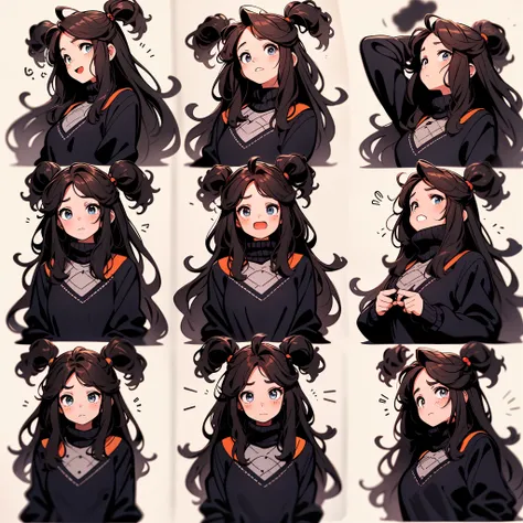 1 cute redhead girl，9 grids，9 poses and expressions，disney  style，black strokes，different emotions，8k