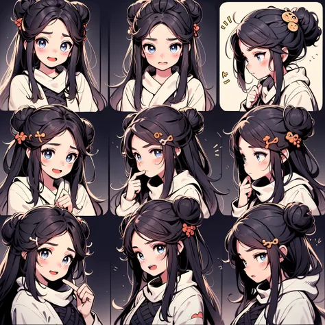 1 cute girl，9 grids，9 emoji packs，9 poses and expressions，hanfu、hairbuns、hair ornament，disney  style，black strokes，different emo...