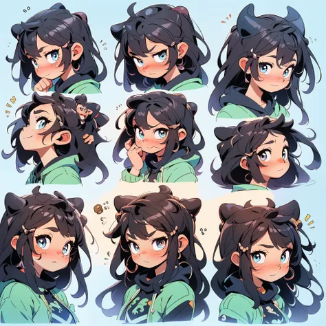 1 cute girl，9 grids，9 poses and expressions，disney  style，demon dragon horn，black strokes，different emotions，8k