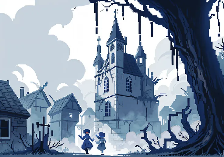 (gothic village), (pixel) (pixel art) (pixel style) crumbling architecture, dead vines cling to stone, pixel art, horror, abando...