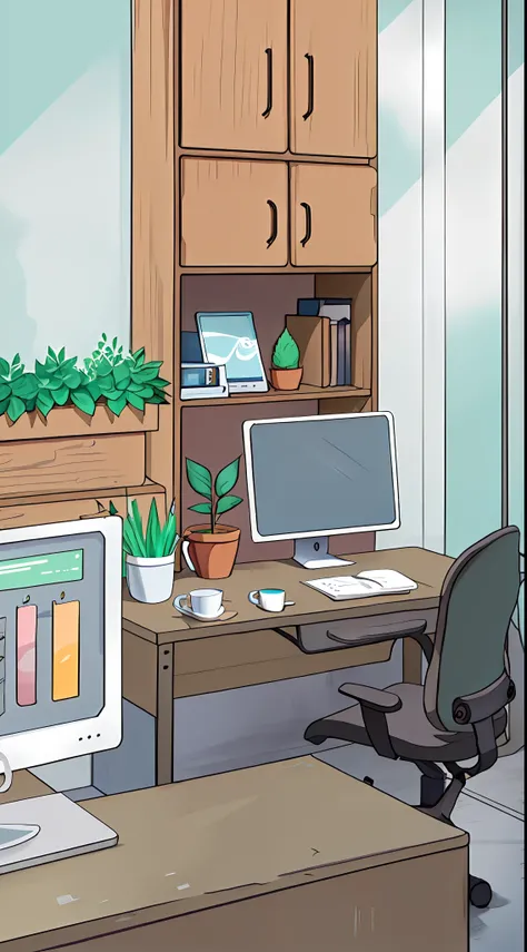 cartoon of a desk with a computer and a monitor in a room, cozy home background，Greenery，Blade details，coffee mug，nerds，picture frames，Simple and crisp，Detailed 2D illustration, interior background art, Anime background art, Realistic rays，blades，office ba...