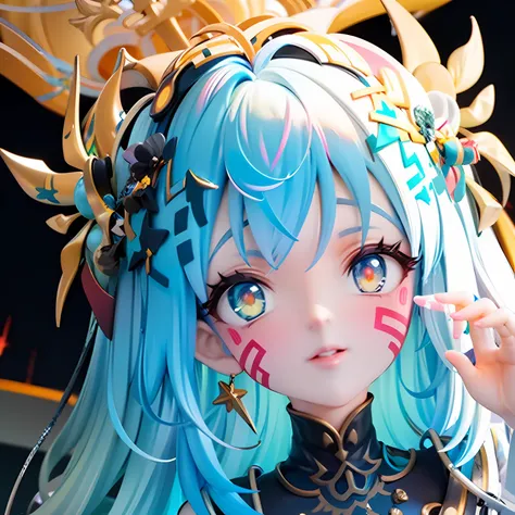 babes、close-up of the face、neon blue color、gold、odd eye、neon blue hair、longhaire、facepaint、striking golden hair ornament