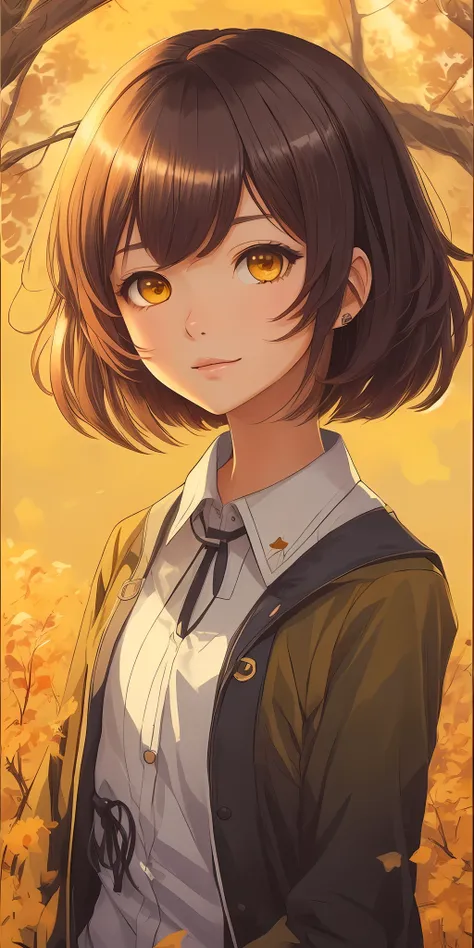 um close up de uma pessoa com cabelos castanhos e olhos amarelos, retrato bonito do anime, menina anime retrato, retrato bonito da menina do anime, estilo anime 4K, Retrato de uma garota de anime, retrato da menina anime bonito, visual anime de uma menina ...