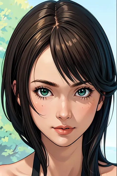 tetsuya nomura art style, (masterpiece), best quality, beautiful detailed hair detailed face, girl, solo, close-up portrait, narrow perspective, perfect feminine face, very stunning woman, black tanktop, chesnut brown hair, shoulder length hair, green eyes