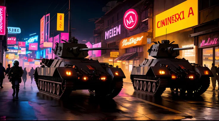 obra-prima, Army Soldiers, Tanques, dia em uma cidade cyberpunk bustling with neon signs, night, lotado de pessoas, aesthetic cyberpunk, Very detailed lighting, Dramatic, trending digital art in Artstation 8k HD realistic detailed high definition, detalhad...