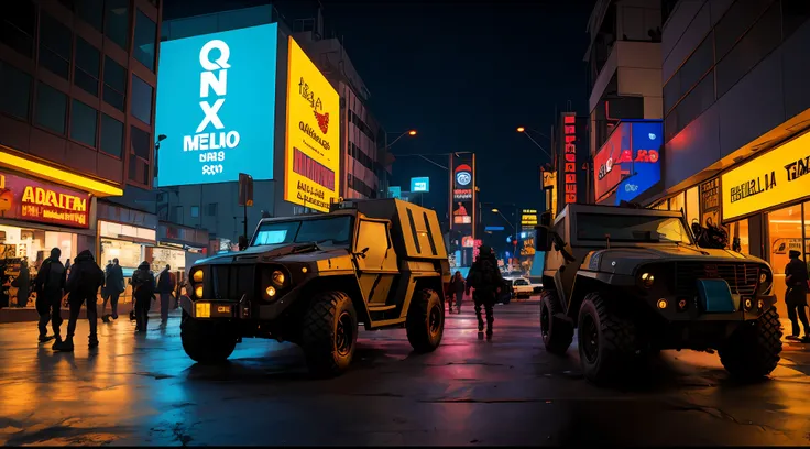 obra-prima, Army Soldiers, Tanques, dia em uma cidade cyberpunk bustling with neon signs, Noite, lotado de pessoas, aesthetic cyberpunk, Very detailed lighting, Dramatic, trending digital art in Artstation 8k HD realistic detailed high definition, detalhad...