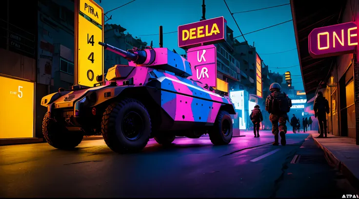 obra-prima, Army Soldiers, Tanques, dia em uma cidade cyberpunk bustling with neon signs, Noite, lotado de pessoas, aesthetic cyberpunk, Very detailed lighting, Dramatic, trending digital art in Artstation 8k HD realistic detailed high definition, detalhad...
