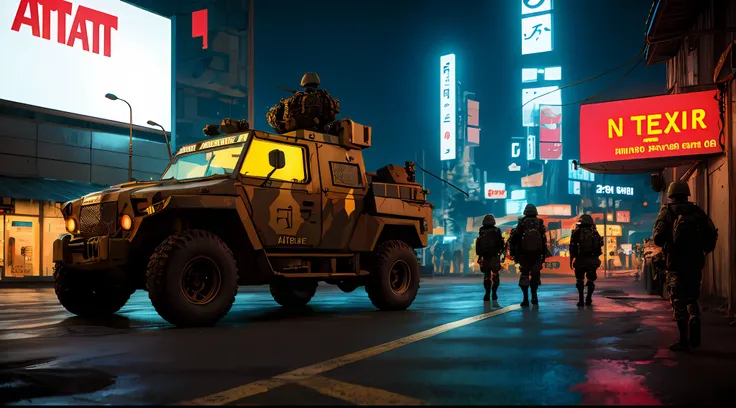 obra-prima, Army Soldiers, Tanques, dia em uma cidade cyberpunk bustling with neon signs, Noite, lotado de pessoas, aesthetic cyberpunk, Very detailed lighting, Dramatic, trending digital art in Artstation 8k HD realistic detailed high definition, detalhad...