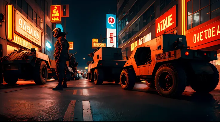 obra-prima, Army Soldiers, Tanques, dia em uma cidade cyberpunk bustling with neon signs, Noite, lotado de pessoas, aesthetic cyberpunk, Very detailed lighting, Dramatic, trending digital art in Artstation 8k HD realistic detailed high definition, detalhad...