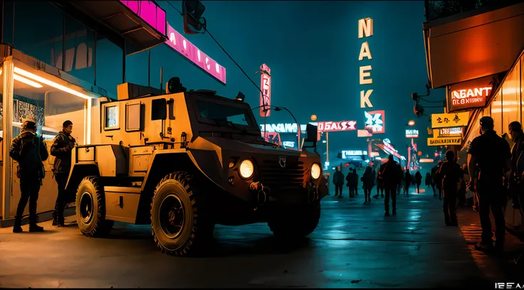 obra-prima, Army Soldiers, Tanques, dia em uma cidade cyberpunk bustling with neon signs, noite, lotado de pessoas, aesthetic cyberpunk, Very detailed lighting, Dramatic, trending digital art in Artstation 8k HD realistic detailed high definition, detalhad...