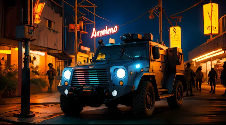 obra-prima, Army Soldiers, Tanques, dia em uma cidade cyberpunk bustling with neon signs, noite, lotado de pessoas, aesthetic cyberpunk, Very detailed lighting, Dramatic, trending digital art in Artstation 8k HD realistic detailed high definition, detalhad...
