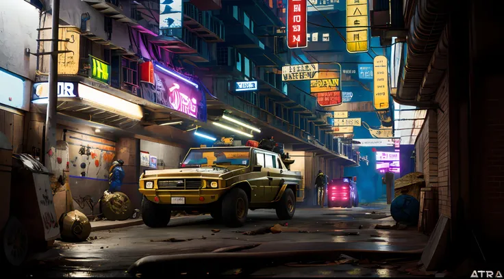 obra-prima, Army Soldiers, Tanques, dia em uma cidade cyberpunk bustling with neon signs, noite, lotado de pessoas, aesthetic cyberpunk, Very detailed lighting, Dramatic, trending digital art in Artstation 8k HD realistic detailed high definition, detalhad...