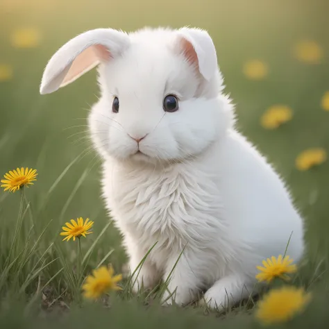 ((top image quality、8k、a masterpice)) grass field、white little rabbit、looks happy、sunny with blue sky、