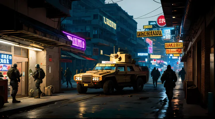 obra-prima, Army Soldiers, Tanques, dia em uma cidade cyberpunk bustling with neon signs, noite, lotado de pessoas, aesthetic cyberpunk, Very detailed lighting, Dramatic, trending digital art in Artstation 8k HD realistic detailed high definition, detalhad...