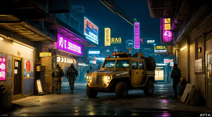 obra-prima, Army Soldiers, Tanques, dia em uma cidade cyberpunk bustling with neon signs, noite, lotado de pessoas, aesthetic cyberpunk, Very detailed lighting, Dramatic, trending digital art in Artstation 8k HD realistic detailed high definition, detalhad...