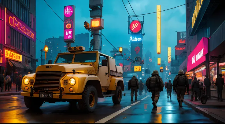 obra-prima, Army Soldiers, Tanques, em uma cidade cyberpunk bustling with neon signs, noite, lotado de pessoas, aesthetic cyberpunk, Very detailed lighting, Dramatic, trending digital art in Artstation 8k HD realistic detailed high definition, detalhado, t...