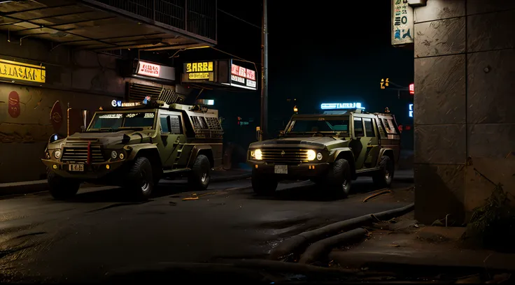 obra-prima, Army Soldiers, Tanques, dia em uma cidade cyberpunk bustling with neon signs, noite, lotado de pessoas, aesthetic cyberpunk, Very detailed lighting, Dramatic, trending digital art in Artstation 8k HD realistic detailed high definition, detalhad...