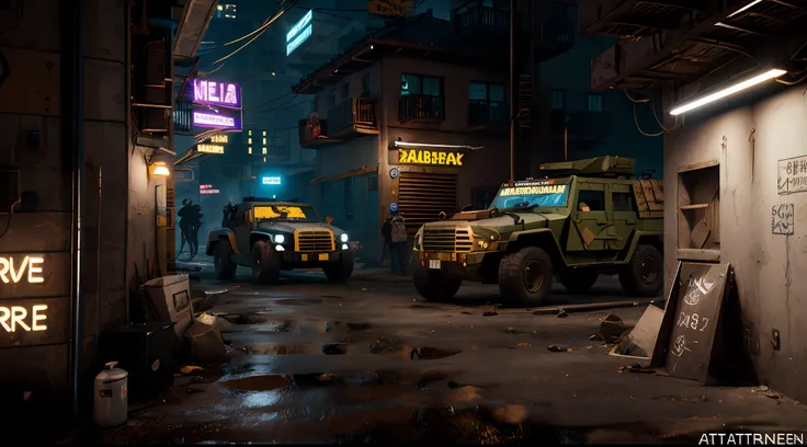 obra-prima, Army Soldiers, Tanques, dia em uma cidade cyberpunk bustling with neon signs, noite, lotado de pessoas, aesthetic cyberpunk, Very detailed lighting, Dramatic, trending digital art in Artstation 8k HD realistic detailed high definition, detalhad...