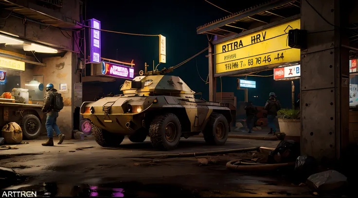 obra-prima, Army Soldiers, Tanques, dia em uma cidade cyberpunk bustling with neon signs, noite, lotado de pessoas, aesthetic cyberpunk, Very detailed lighting, Dramatic, trending digital art in Artstation 8k HD realistic detailed high definition, detalhad...