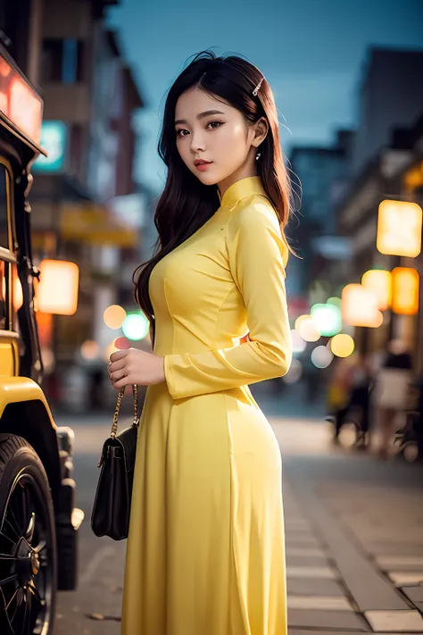 a beautiful girl in yellow colors aodai tradition viet nam, city nigth, masterpiece, best quality, realistic:1.3, street, cyberp...