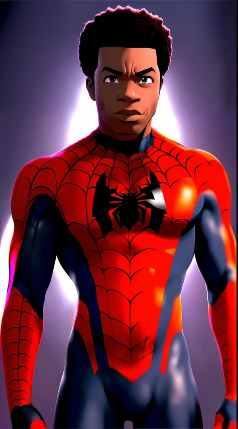 melhor qualidade, obra-prima, alta resolução, 1 macho, negro miles morales, homem-aranha, cabelo encaracolado, efeito tindal, re...