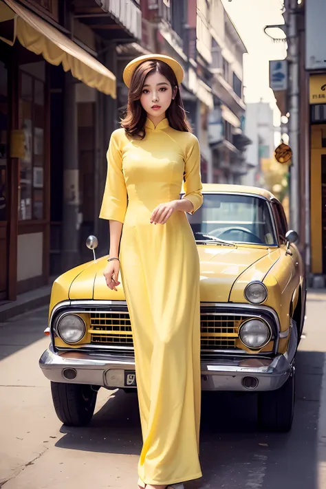 a beautiful girl in vintage yellow colors aodai tradition viet nam, city nigth, masterpiece, best quality, realistic:1.3, street...