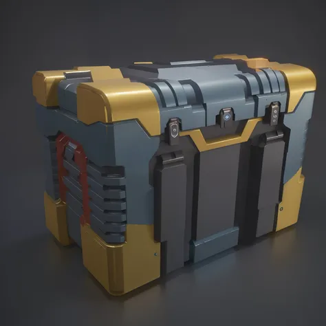 sci-fi treasure chest, mechanical feel, luggage, blue and yellow color matching, detailed 3d models, metal textures, , , rich de...