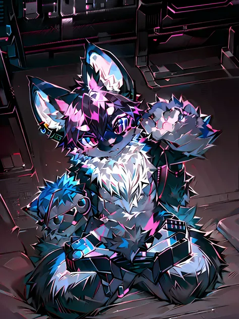 There was a stuffed animal sitting on the floor，furred，furred!!!,furry character，Furry is fluffy!!!,Furry cyberpunk headphones