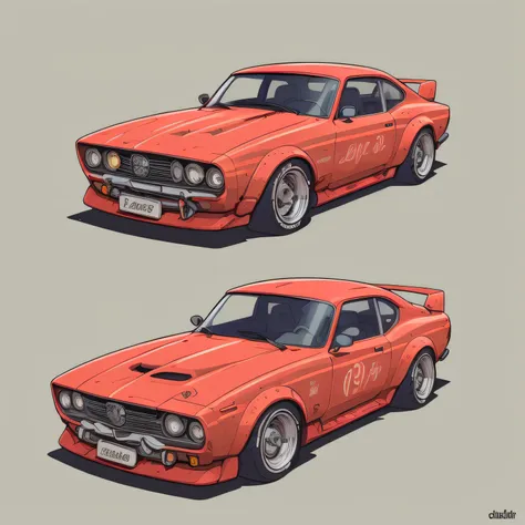 auto datsun 180-j 1975 color naranja, con tabla de surf en la parte superior, highly detailed illustration.", vehicle illustrati...