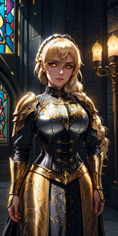 upper body of dark knight lady in ornate obsidian armor, black collar, pauldrons, breastplate, corset, glowing halo, single braid, dark, yellow glowing eyes, bright pupils, eye focus, red cape, temple indoors, stained glass windows, night, moonlight, parti...