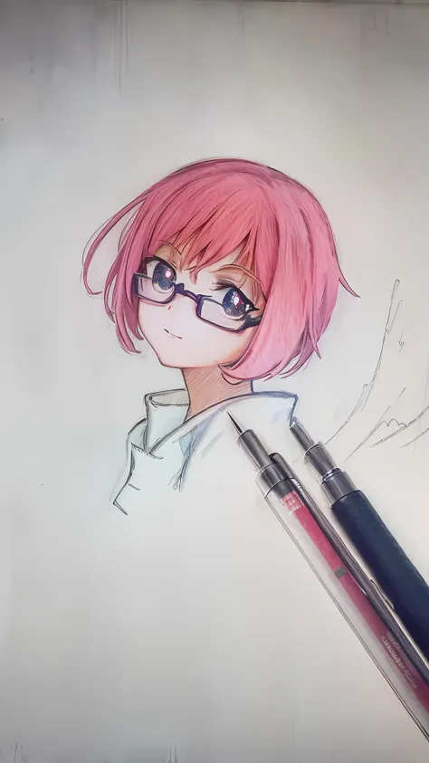 drawing of a woman with glasses and a pink hair with a pen, manga pen, anime sketch, anime style portrait, anime style drawing, ...