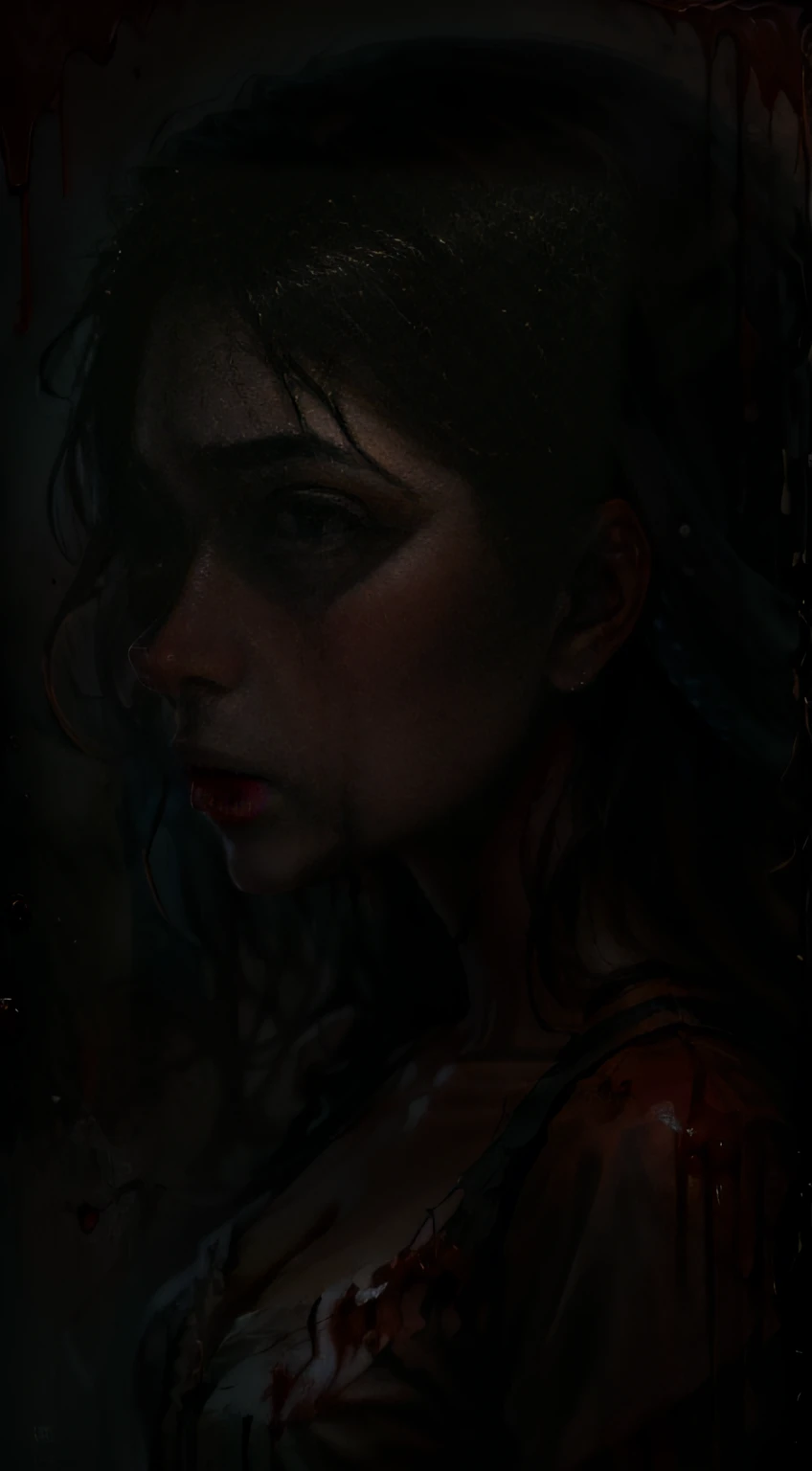 (abstract art:1.4), masterpiece, best quality, ultra high res, beautiful women, visually stunning, elegant, incredible details, dark red art, (red theme:1.3), award-winning painting, 1girl, crying blood, blood rain, somber, depressing, looking at viewer, s...