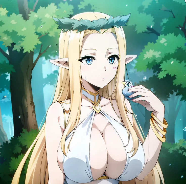 2d anime animation, a close up of a woman in a bikini holding a bird, deusa anime, uma rainha elfa, princesa elfa, ela tem orelh...