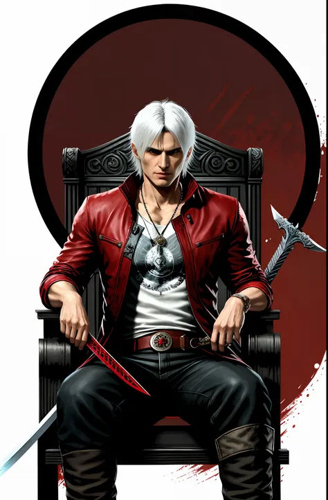 raised evil eyebrow and eyes, mature old aged dante from devil may cry with long white hair wearing long red dante jacket, sitti...