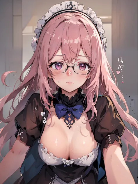 pink hair, heart ahoge, maid headdress, bespectacled, half-closed eyes, shy, blush, ear blush, full blush, tachi-e, pov, lens fl...